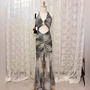 Oh Polly Grey Cheetah Print Maxi Dress Size 6 Halter Cutout Party Glam Vacation